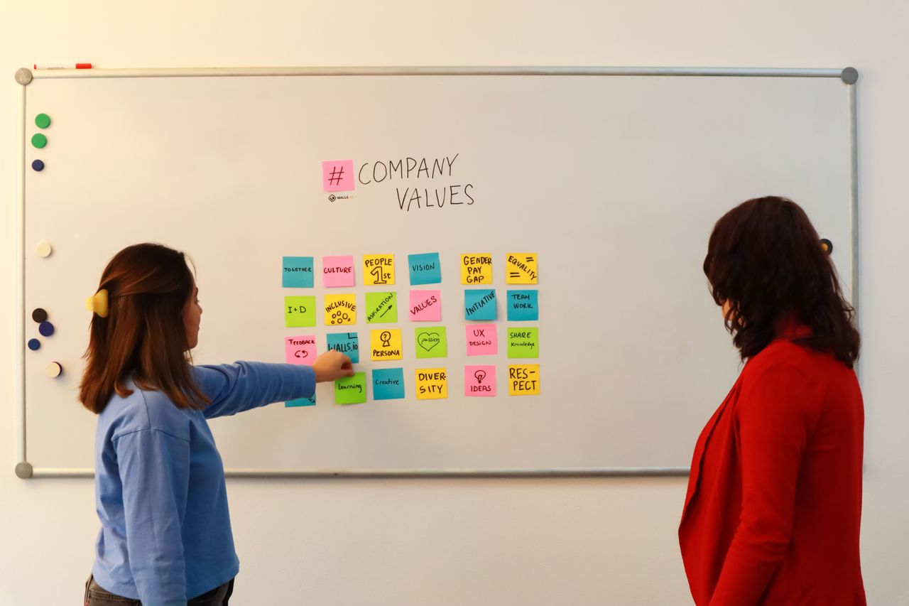 Two women in an office discussing company values on a whiteboard.